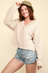 VERY J Women's Exposed Seam V-Neck Ribbed Knit Top - Perfect for Autumn Fashion